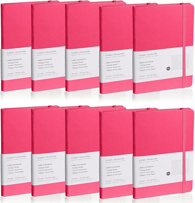 Lined Journal Notebook, 10Pack Hardcover Notebook for Men & Women – Journals for Writing, Work, School, Home & Daily Notes, 160 Pages – Medium A5, 5.7"x8", 100 gsm Thick Paper (Rose Red)