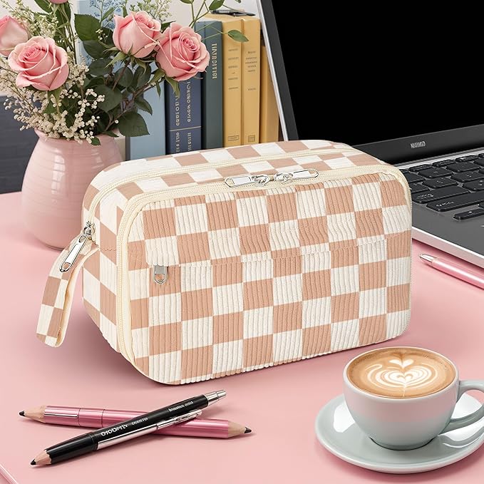 WOBAGMEN Cute Pencil Case,Large Corduroy Zippered Pencil Case Pouch, aesthetic Pencil Bag with Compartments, Pencil Pouch School Supplies (HY-corduroy pc-checked)