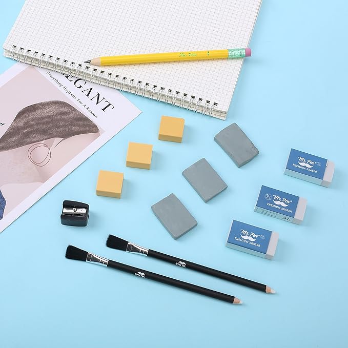 Mr. Pen- Art Eraser Set, 12 pcs, Artist Pencil Erasers, Drawing Supplies Kit, Dual-Ended Eraser Pencils with Cleaning Brush, Kneaded, Soft and Hard Erasers, Sharpener for Sketching, Detailing, Shading