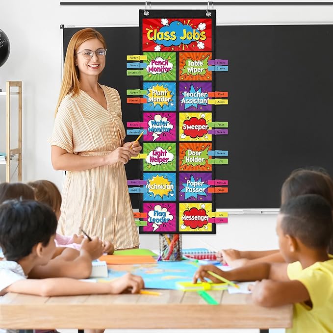 Pasimy Hero Class Jobs Pocket Chart Class Helpers Pocket Chart Classroom Jobs Cards with Clips and Hooks Teacher Helper Bulletin Board Set for Back to School Classroom Teacher Supplies