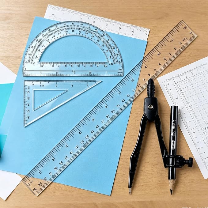 5 Pcs Plastic 12 Inch Ruler Set,Compasses,6 Inch Protractor,Set Square Student Geometry Math Set Durable Transparent Drawing Measuring Rulers for School Office (4)