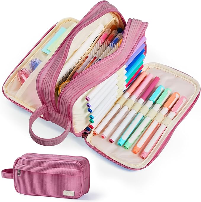 Sooez High Capacity Pencil Case, Soft Corduroy Pencil Pouch with 4 Compartments, Multiple Pockets, Large Bag with Sturdy Zipper, Cute Case Pouch Organizer for Student Teen Girls, Dark Pink