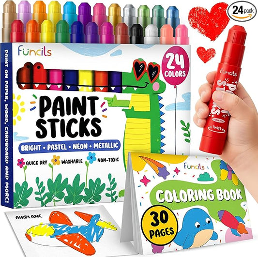 24 Tempera Paint Sticks for Kids with Coloring Book - Washable, Non-Toxic Markers for Toddlers | Works on Paper, Canvas, Wood, Cardboard - Art Craft Supplies, Painting Crayons Ages 1 2 3 4 5 6