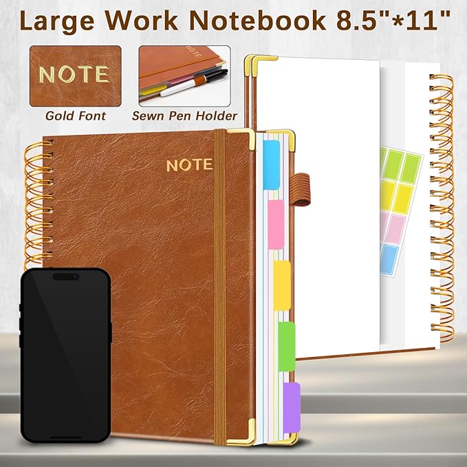 Hardcover Spiral Notebooks for Work 8.5''x 11'', 300 Pages 5 Subject Notebook with Dividers & Tabs, A4 Spiral Journal for Women, College Ruled Notebooks for School Note-Taking (Light Brown)