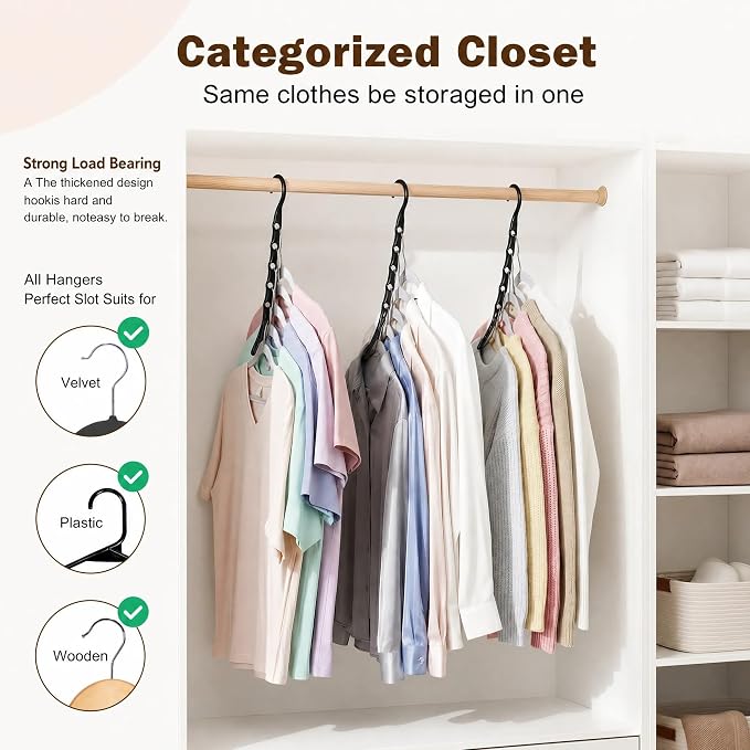 HOUSE DAY 10 Pack Space Saving Hangers, Black, Premium Smart Hanger, Closet Organizers and Storage, Sturdy Cascading Hangers with 5 Holes for Heavy Clothes, College Dorm Room Essentials