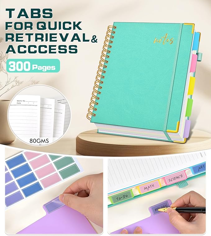 5 Subject Spiral Notebook Journal with Removable Dividers Tabs, 300 Pages Organizer Notebooks for Work School, A5 Hardcover Leather Notebook College Ruled, Lined Journal for Women Men，Aqure