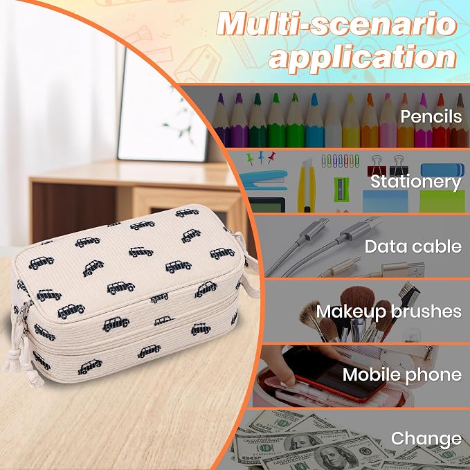 Big Capacity Pencil case,Soft Corduroy Pencil Bag with 3 Compartment,Pencil Pouch School Supplies Cute Pencil Box Pencil Bag for Teen Girls Boys College (Black Car)