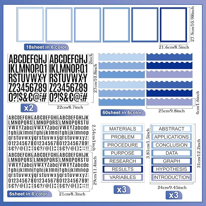 Sinload 92 Pcs Science Fair Board Supplies 60 Trim Scalloped Poster Boards 18 Presentation Subtitles 6 Project Titles 8 Letter Sticker for Classroom Display Boards(Blue Tone,Wave)