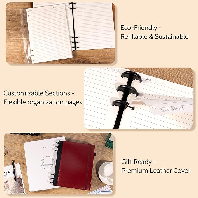 Refillable Notebooks for Work Discbound: Hardcover Notebook with 5 Subject Removable Dividers Tabs Colleged Ruled Large Journal for Writing Women Men 240 Pages,Dark Red