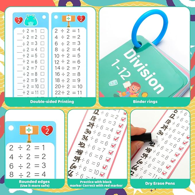 15Pcs Division Flash Cards, Division Chart 1-12 with 2 Dry Erase Pens 1 Rings, Time Table Flash Cards for 1st to 3rd Grades Fun Learning with Math Game