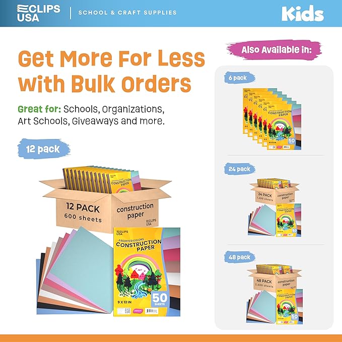 Construction Paper Bulk (600 Sheets) 9 x 12 Construction Paper for Kids Color Art Paper Assorted Colors 50 Sheets Per Pack (12 Pack)