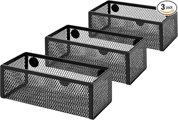 Amazon Basics Magnetic Storage Baskets, Mesh Organizers for Office Supplies and Workspace, 6" x 2.5" x 2.2", Black, 3-Pack