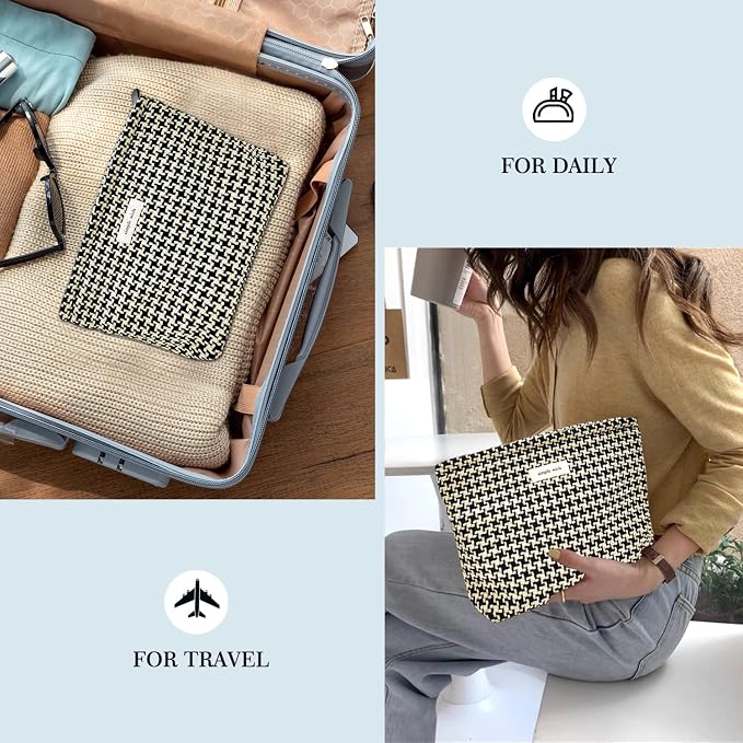 STARDW Travel Makeup Bag Organizer, Cosmetic Pouch for Women, Puppytooth | Canvas Lined Cosmetic Bag for Skincare, Brushes & Toiletries, Cute Travel Toiletry Bag, Purse Organizer Pouches with Zipper