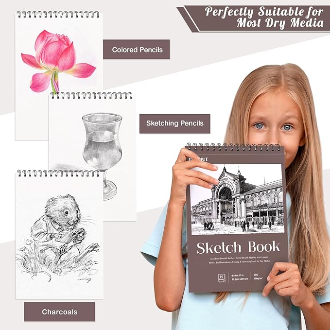 Sketch Book 8.5×11 inch, Spiral Bound Sketch Pad 50 Sheets (68lb/100gsm), Acid-Free Sketchbook for Drawing Painting Sketching, Art Paper Drawing Supplies for Teens Adults Artists Graduation Gifts