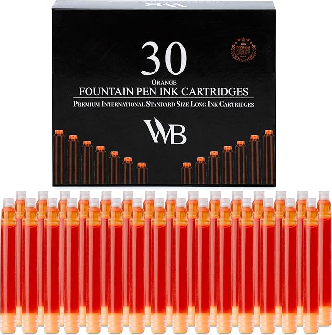 Wordsworth & Black Fountain Pen Ink Refills - Set of 30 Orange Ink Cartridges - International Standard Size - Length APPR 2.3" - Base Diameter APPR 0.24 Inch - Disposable and Generic