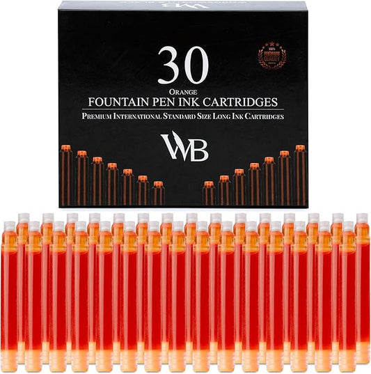 Wordsworth & Black Fountain Pen Ink Refills - Set of 30 Orange Ink Cartridges - International Standard Size - Length APPR 2.3" - Base Diameter APPR 0.24 Inch - Disposable and Generic