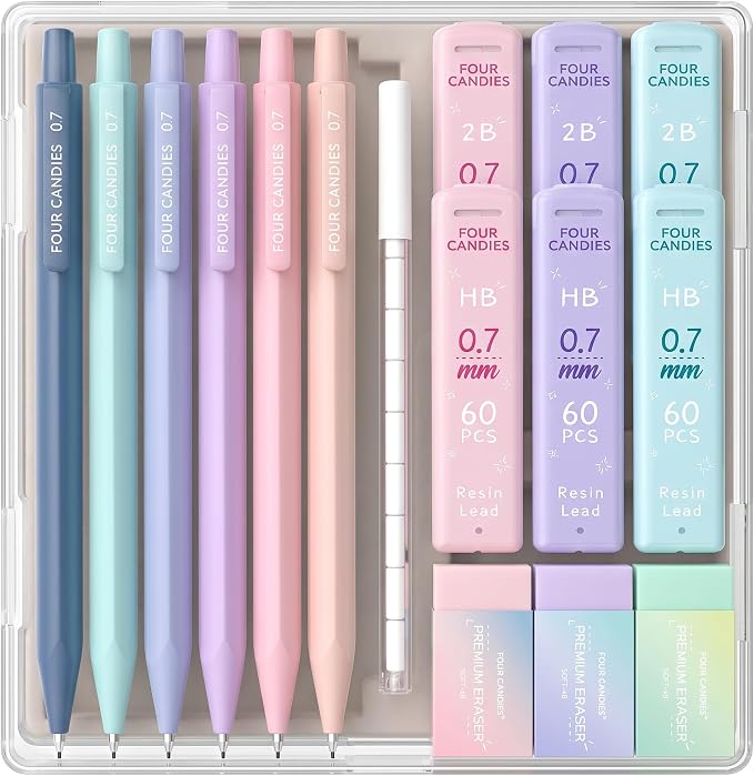 Four Candies Cute Mechanical Pencil Set, 0.7mm Medium Point, 6-Count Pack | 360 HB/2B Leads, 3 Erasers, 9 Eraser Refills, Storage Case, Pastel Barrels, Triangular Grip, for Everyday Homework & Journal