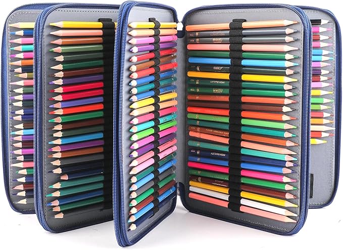Vomgomfom 200 Slots Pencil Bag, 4-Layer Zipper Portable Art Supply Organizer, PU Leather Large Capacity Colored Pencil Case with Handle for 200 Watercolor Pens, Gel Pens (Blue Rose)
