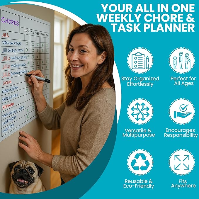 Iconikal 2-Pack Magnetic Dry Erase Chore Meal Chart 14x11-Inch Planner Schedule WOD Goal Tracker Grid Refrigerator Whiteboard Home Office