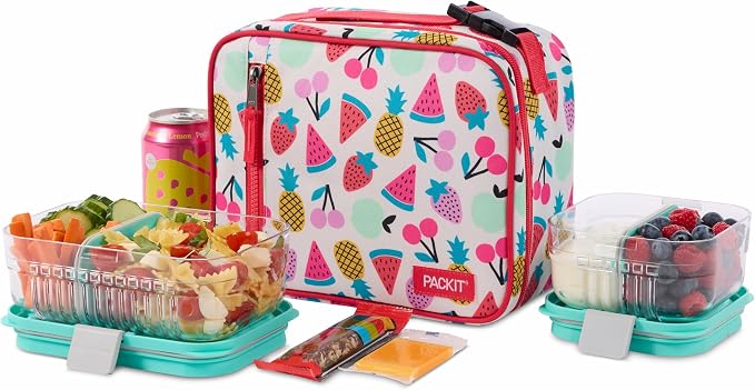 PackIt Freezable Classic Lunch Box, Fruit Toss | Built-in ice packs, EcoFreeze+ Technology, Zip Closure, Zip front pocket, Side-release buckle handle, Collapsible, Reusable