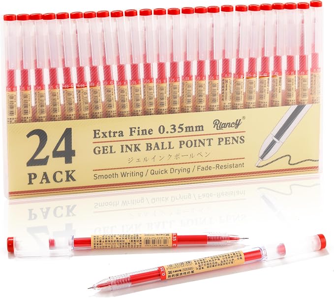 Japanese Style Red Gel Ink Pens, 0.35mm Extra Fine Point, No Smudge Quick Drying, Japanese Ink Pen for Journal Planners, Thin Notebook Paper, Office School Supplies, 24 Pack, Writing Drawing