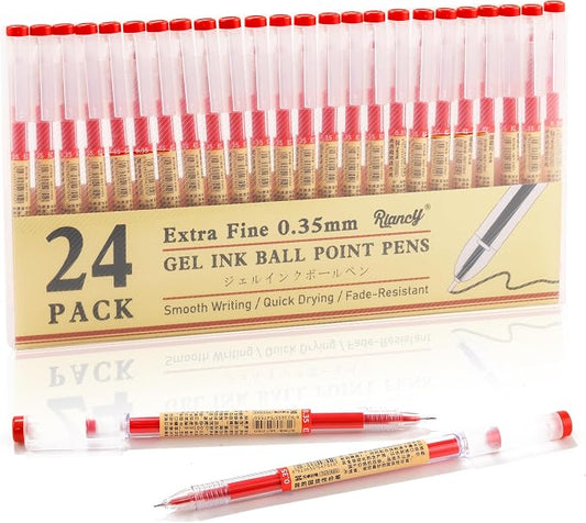 Japanese Style Red Gel Ink Pens, 0.35mm Extra Fine Point, No Smudge Quick Drying, Japanese Ink Pen for Journal Planners, Thin Notebook Paper, Office School Supplies, 24 Pack, Writing Drawing