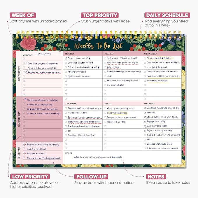 Taja Weekly To Do List Notepad with 52 Undated Sheets（8.5"×11"）- Weekly Desk Planner for Women & Man, Work and Home - 1 Pack Berry Floral