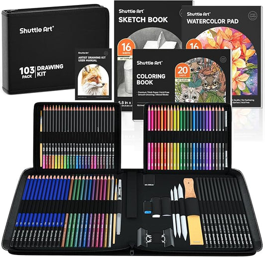Shuttle Art 103 PCS Drawing Kit, Professional Drawing Supplies with Sketch, Charcoal, Colored, Graphite, Pastel Pencils & Sticks, Complete Drawing Tools and Paper Pads in Zipper Case for Artists&Kids