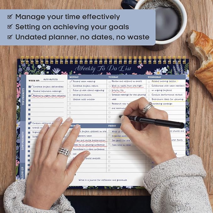 Weekly To Do List Notepad with 52 Undated Sheets（8.5"×11"）- Weekly Desk Planner for Women & Man, Work and Home - Midnight Bloom