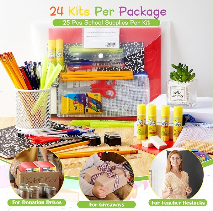 AmazingSpark 24 Sets Back to School Supplies Kit for Students Grade 7-12 Donation Kits Back to School Supplies Bundle Essentials Includes Folder Highlighters Crayons Notebooks Scissors and More