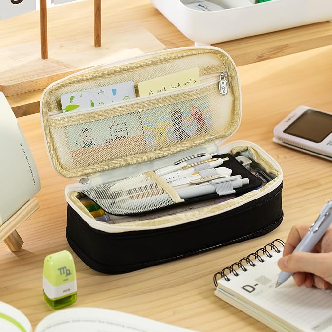 EASTHILL Big Capacity Pencil Pen Case Office College School Large Storage High Capacity Bag Pouch Holder Box Organizer Black White