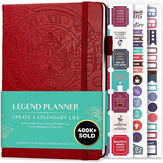 Legend Planner – Undated Weekly & Monthly Life Planner to Hit Your Goals & Live Happier, Organizer Notebook & Productivity Journal, A5 (Red)