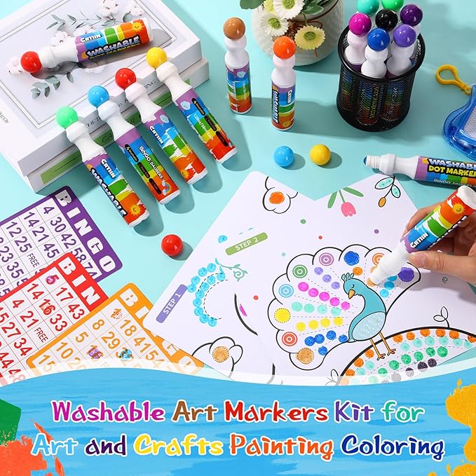 Crtiin 48 Pack Washable Dot Markers for Toddler Kids 1.35 oz Large Dauber Marker Supplies Bulk Washable Art Marker 12 Colors, Kid Painting Drawing Coloring Supplies, Paint Craft Preschool Learning