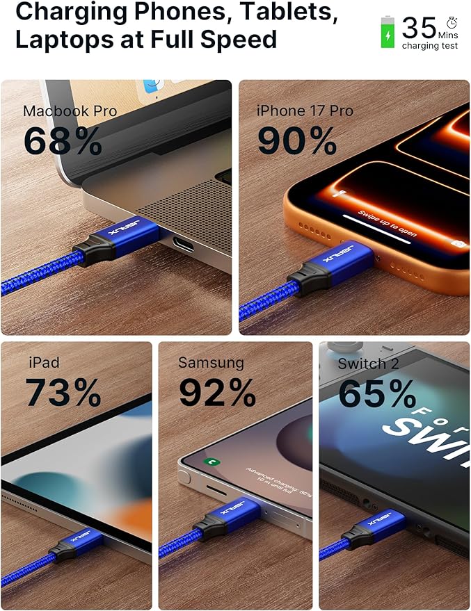 JSAUX 100W USB C to USB C Cable [2-Pack 10FT], Type C Fast Charging Cord for iPhone Air/iPhone 17/iPhone 17 Pro/iPhone 17 Pro Max, iPhone 16/15 Series, Galaxy S/Note Series, MacBook, iPad - Blue