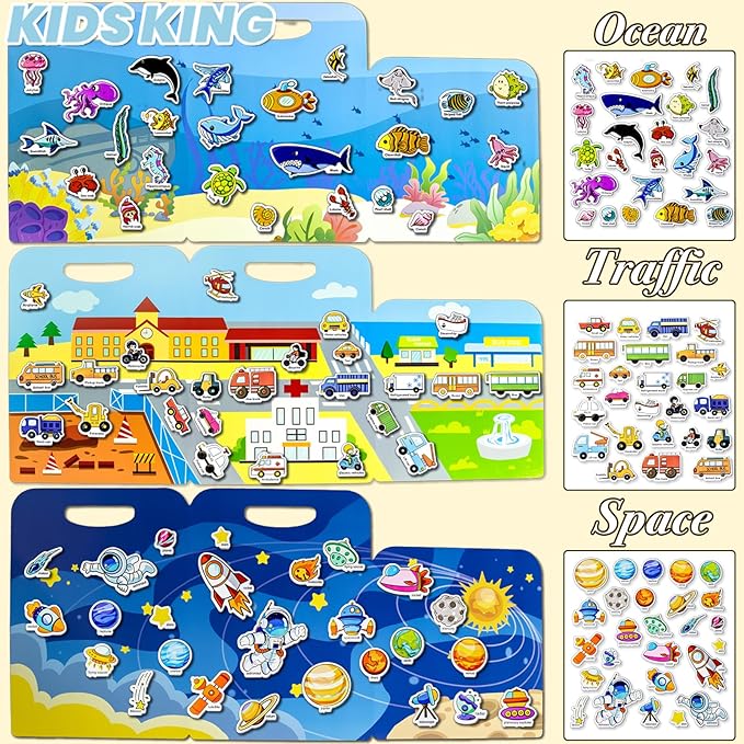 Reusable Sticker Books for Toddlers 1-3, Puffy Stickers Book for Kids Ages 2-4, Toddler Travel Essential Activities Toys for Boys Girls Birthday Christmas - Ocean, Vehicles and Space (3 Set)
