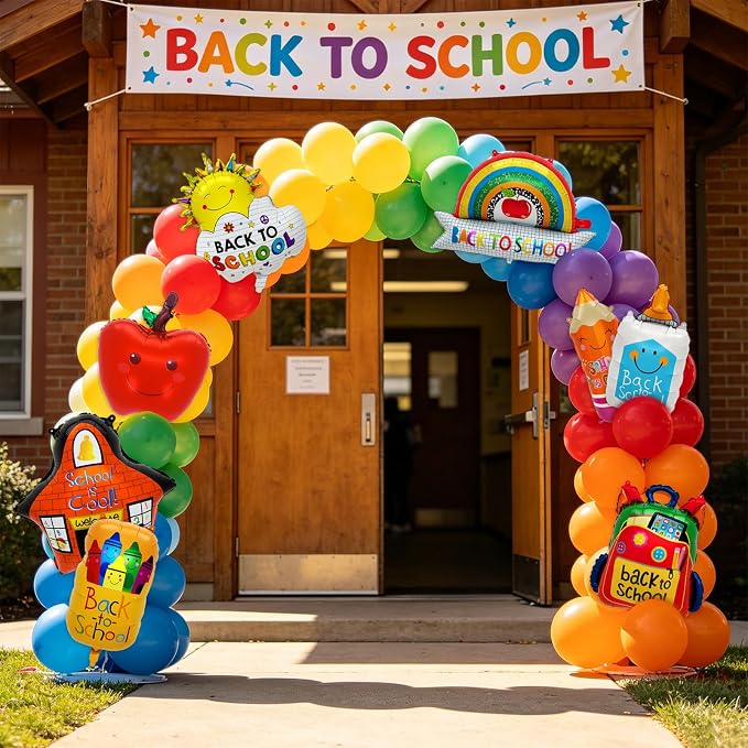 8PCS Back to School Balloons Set, Apple School Backpack Pencil Rainbow Crayon Correction Fluid Bottle Sun Balloons, Classroom Decorations for First Day of School Welcome Party Supplies