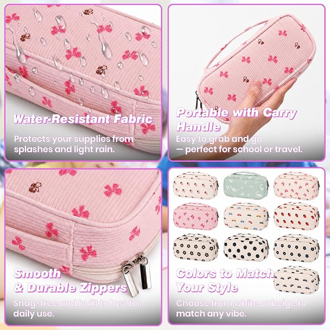 Big Capacity Pencil case,Soft Corduroy Pencil Bag,Cute Pen Case with Handle,5 Compartments, Wide Opening Pen Pouch Organizer for Teen Girls Women (Pink Bow With Cherry)