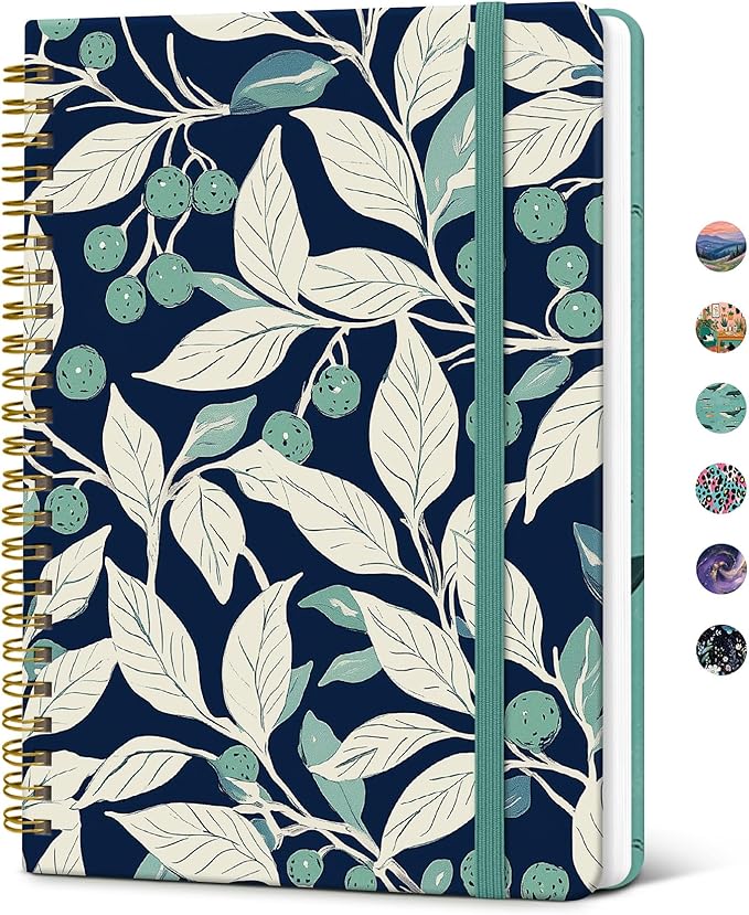 Taja Spiral Lined Journal for Women, Notebook for Work with Pretty Cover, 140 College Ruled Pages, Hardcover Notebook for Journaling, Note Taking, Bible Study, Botanic Berry