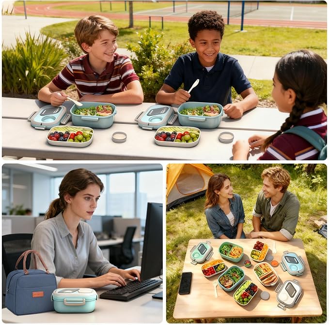 PEDECO Blue Bento Box with Bag, 2-Tier Stackable with Utensils & Sauce Box | 3 compartments prevent food mixing,Portable sauce pod included,Microwave safe,BPA-free, for adults, kid, work, travel,pinic