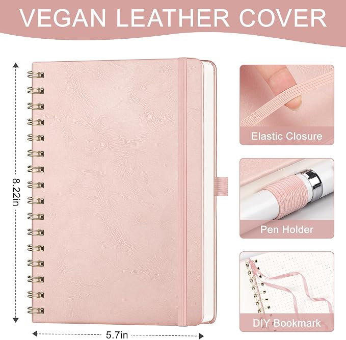 AHGXG Dotted Journal Spiral Notebook, Hardcover Leather Dotted Notebook 140 Pages, A5 Dot Grid Paper Notebook, 100 gsm Thick Paper, for Dotted Journaling, 5.7" x 8.3", Rose Gold