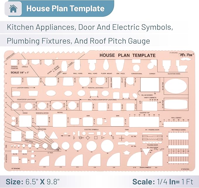 Mr. Pen- House Plan, 3 pcs, Interior Design and Furniture Templates, Clear Flexible Plastic, Drafting Tools, Ruler Shapes for Architecture, 1/4 Inch Scale, Kitchen, Bath, Bedroom, Office, Living Room