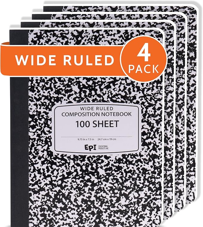 4 Pack - EPI Marble Hardcover Wide Ruled Composition Notebook | 200 Pages (100 Sheets), 9.75 x 7.5 in, Sturdy Sewn Binding | School, Office, Journaling, Notes