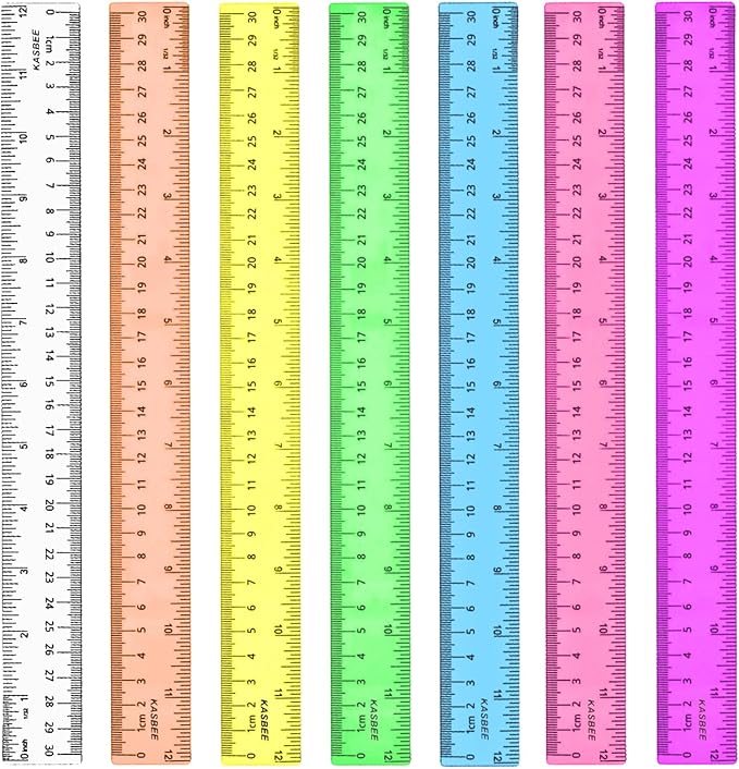 12 Inch Clear Ruler, Kids Ruler, School Ruler, Colored Plastic Rulers, in and cm, Pack of 7