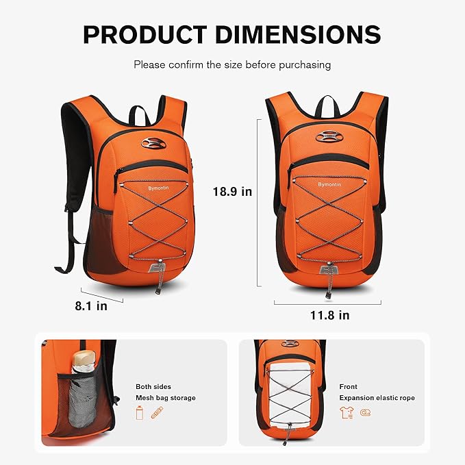 Ultra-Light Soft Daypack 15L/20L, Cushioned Breathable Back Panel Backpack, Lightweight Packable Travel Backpack (Orange, 20L)