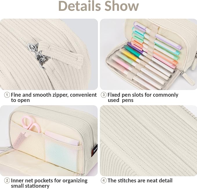 Sooez Big Capacity Pencil Case Pen Pouch, Soft Corduroy Pencil Bag with 3 Compartment, Multiple Pockets, Sturdy Zipper, Cute School Supplies Pen Bag Organizer For Teen Girls College, Beige