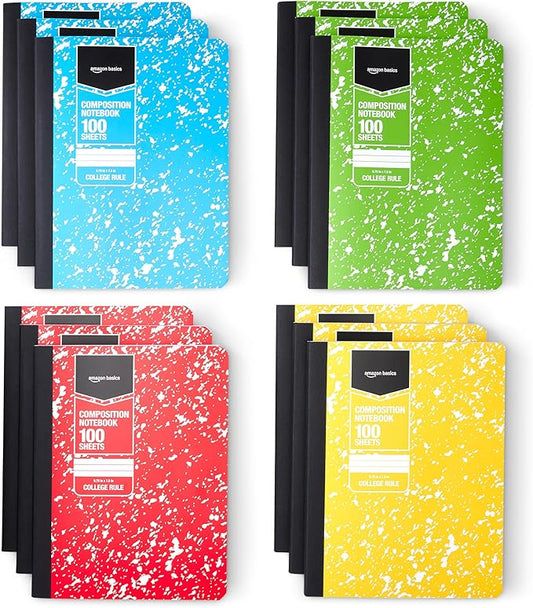 Amazon Basics Composition Notebook, College Ruled, 100 Sheets, 9.75" x 7.5", Assorted Marble Colors, 12-Pack