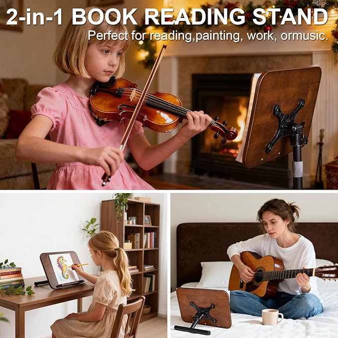2 in 1 Dual-use Music Stand & Desktop Book Stand, Adjustable Height 16.5"-51", 100% Solid Wood Laptop Floor Stand Book Holder with Elastic Page Clips for Cookbooks, Sheet Music (Black Walnut)