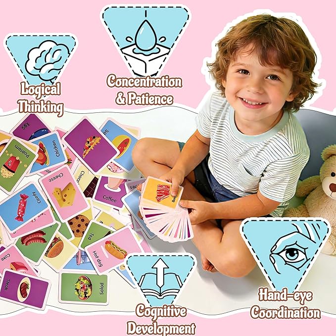 4 Set in 1, 144 Pcs Flash Cards for Toddlers 1-3, Word-Picture Recognition - Food & Drinks, Vegetables, Fruits, Color Flashcards for Toddler 1-3, Flash Cards for Toddlers 1-3