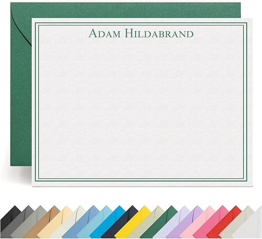 Personalized Stationery Note Cards with Envelopes – Custom Minimalist Thank You Cards, 12 Flat Note Cards & Colored Envelopes – Crush-Resistant Packaging - Folded Cards Optional (Double Border)