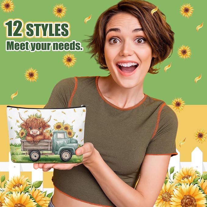 Reginary 12 Pcs Highland Cow Makeup Bags Sunflower Cow Cosmetic Bags with Zippers Floral Pouch Bulk Appreciation Gifts for Mom Women Teacher Graduation Summer Wedding Birthday Travel Party Supplies